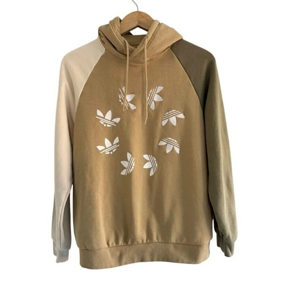 Adidas Men's Sz M Blocked Bold Hoodie Beige Pullover Trefoil Logo (HE0075)